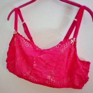 CACIQUE SIZE 46DDD UNLINED BALCONETTE BRA HOT PINK LACE OVERLAY SHEER LINED
